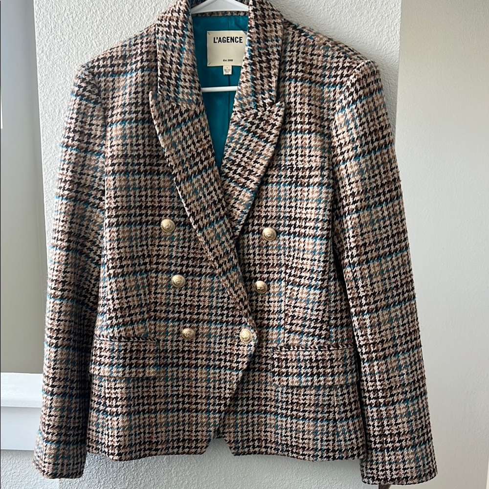 L'AGENCE Brown Kenzie houndstooth Blazer Tailored Suit Jacket